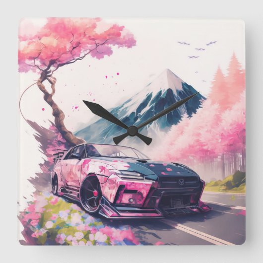 Kreuzfahrt durch Cherry Blossom Landschaft Quadratische Wanduhr (Vorderseite)