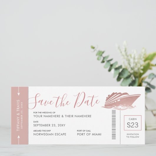 Kreuzfahrt Hochzeit Boarding Ticket Rose Gold Pink Save The Date (Stehend Vorderseite)