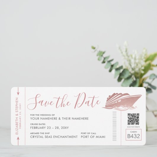 Kreuzfahrt Hochzeitsticket Boarding Pass Rose Gold Save The Date (Stehend Vorderseite)