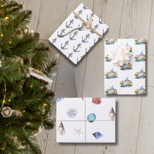 Kreuzfahrtschiff, Anker und Muscheln Geschenkpapier Set