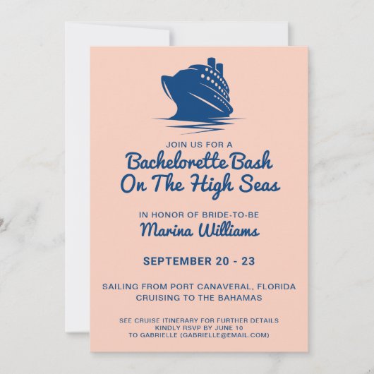 Kreuzfahrtschiff Bachelorette und Pfirsichschiff Einladung (Vorderseite)