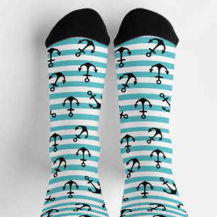 Kreuzfahrtschiff Nautic Blue White Stripes Anchors Socken