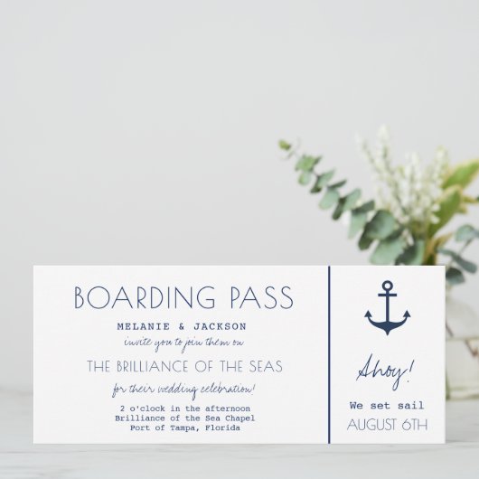 Kreuzfahrtschiff Nautical Boarding Pass Hochzeit Einladung (Stehend Vorderseite)