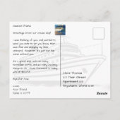 Kreuzfahrtschiff vom Strand mit Palmenbaum Postkarte (Rückseite)