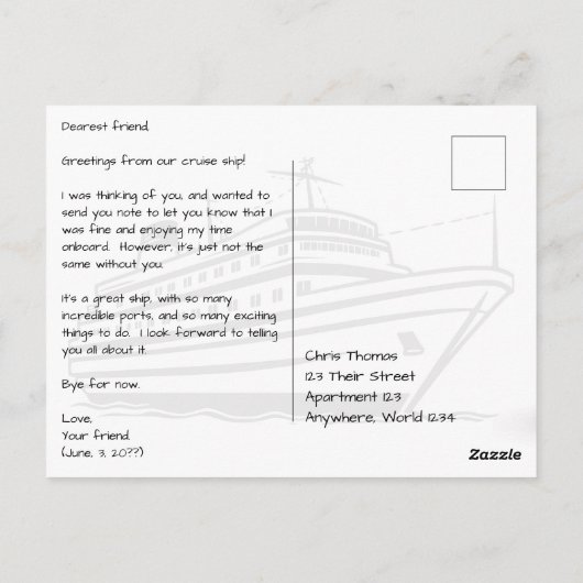 Kreuzfahrtschiff vom Strand mit Palmenbaum Postkarte (Rückseite)