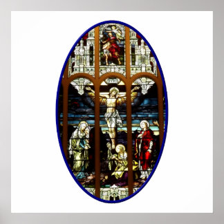 Kreuzigung mit einem gefärbten Glasfenster Jesu Poster
