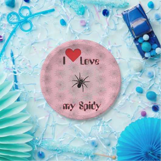 Kreuzspinne im Netz mit Tautropfen wie Perlen Pappteller (Party)