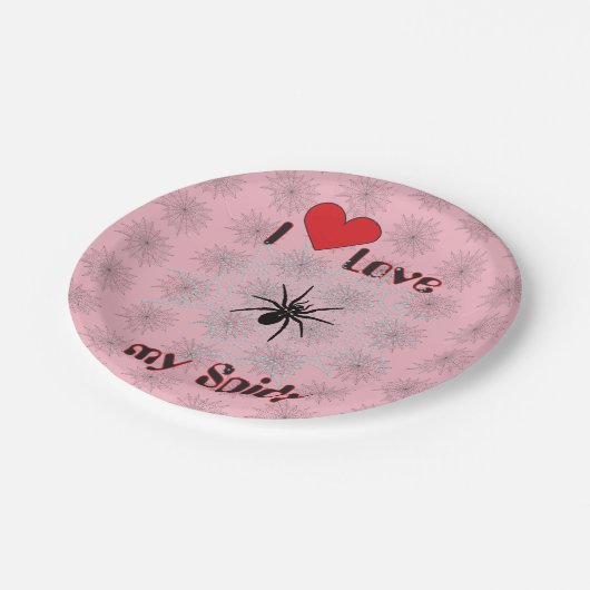 Kreuzspinne im Netz mit Tautropfen wie Perlen Pappteller (Schrägansicht)