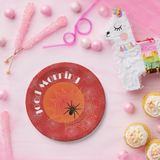 Kreuzspinne im Netz mit Tautropfen wie Perlen Pappteller (Party)