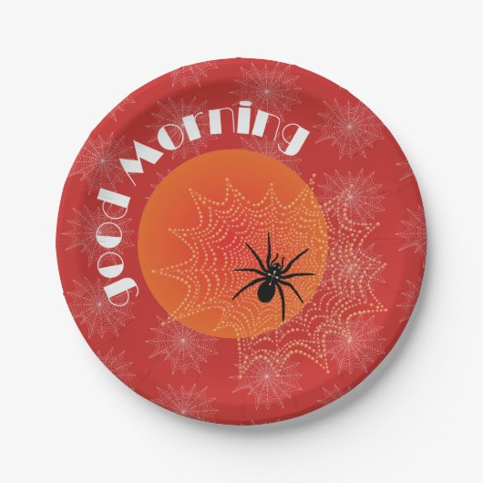 Kreuzspinne im Netz mit Tautropfen wie Perlen Pappteller (Vorderseite)