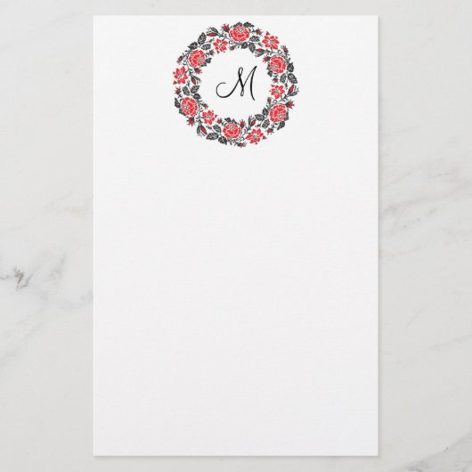 Kreuzstich-Rote Rosen Circle Monogram Briefpapier (Vorderseite)