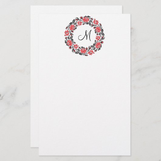 Kreuzstich-Rote Rosen Circle Monogram Briefpapier (Vorne/Hinten)