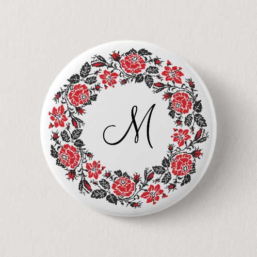 Kreuzstich-Rote Rosen Circle Monogram Button (Vorderseite)