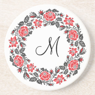 Kreuzstich-Rote Rosen Circle Monogram Getränkeuntersetzer