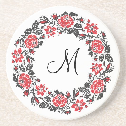 Kreuzstich-Rote Rosen Circle Monogram Getränkeuntersetzer (Vorne)