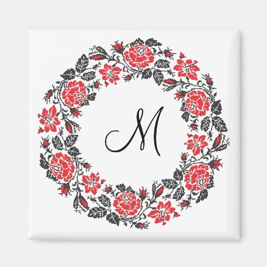 Kreuzstich-Rote Rosen Circle Monogram Magnet (Vorne)
