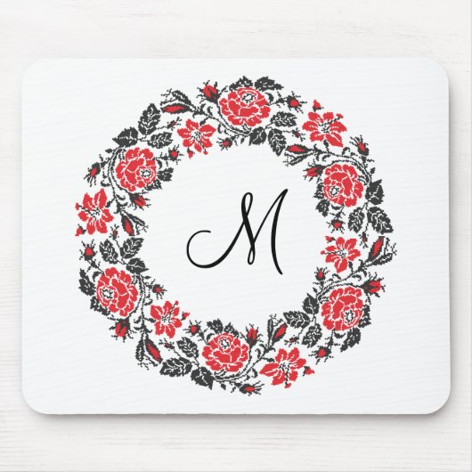 Kreuzstich-Rote Rosen Circle Monogram Mousepad (Vorne)