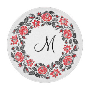 Kreuzstich-Rote Rosen Circle Monogram Schneidebrett