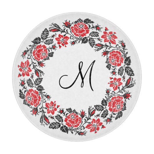 Kreuzstich-Rote Rosen Circle Monogram Schneidebrett (Vorderseite)