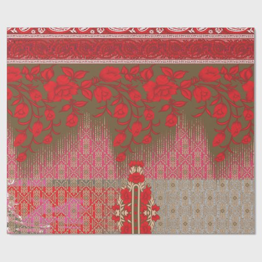 Kreuzstickermuster mit roten Blume und Reben Geschenkpapier (Flach)