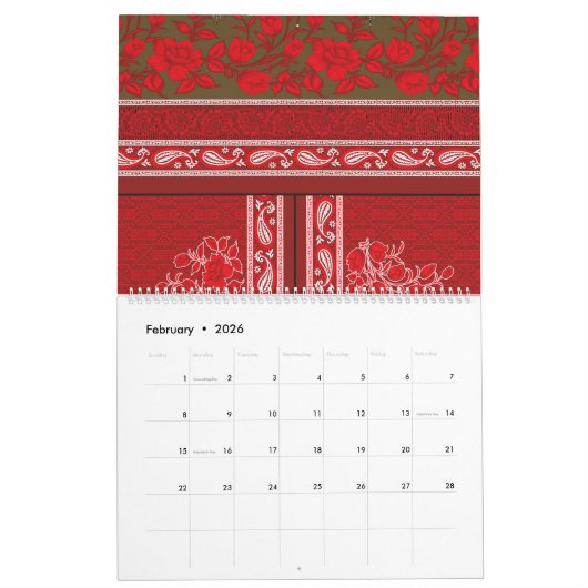 Kreuzstickermuster mit roten Blume und Reben Kalender (Feb 2026)