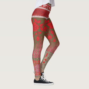 Kreuzstickermuster mit roten Blume und Reben Leggings