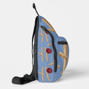Kricketball auf Blau zerschmettert Kricketstumps, Crossbody Bag