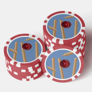 Kricketball auf Blau zerschmettert Kricketstumps, Pokerchips