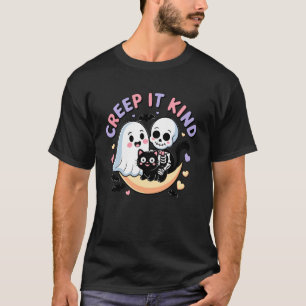 Kriech es freundlich Mond Geist Skelett Katze Hall T-Shirt
