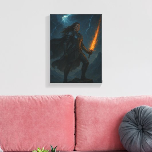 Kriegerin mit Flammenschwert auf der Sturmklippe Leinwanddruck (Insitu (Wohnzimmer))
