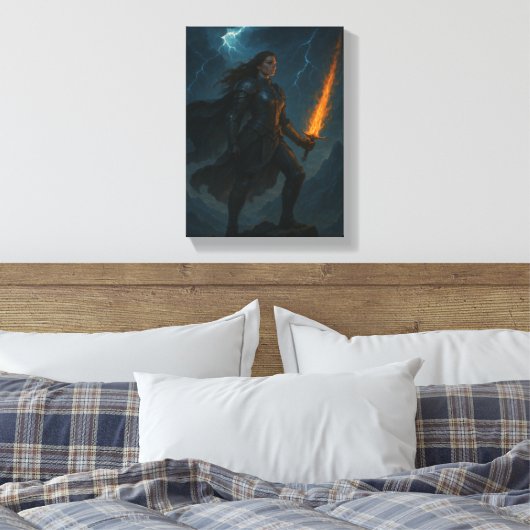 Kriegerin mit Flammenschwert auf der Sturmklippe Leinwanddruck (Insitu (Schlafzimmer))