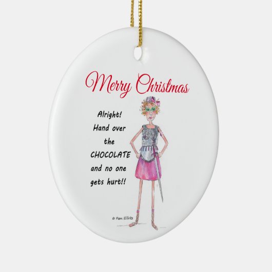 Kriegerin verlangt Übergabe der Schokoladenkizze Keramik Ornament (Rechts)