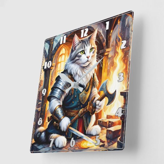 Kriegerkatze im Rüstung durch flackernde Flamme Quadratische Wanduhr (Winkel)