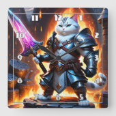 Kriegerkatze im Rüstung mit leuchtendem Schwert Quadratische Wanduhr (Vorderseite)