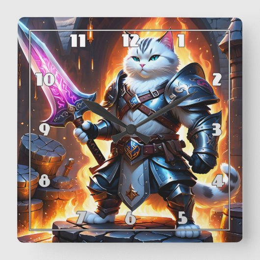 Kriegerkatze im Rüstung mit leuchtendem Schwert Quadratische Wanduhr (Vorderseite)