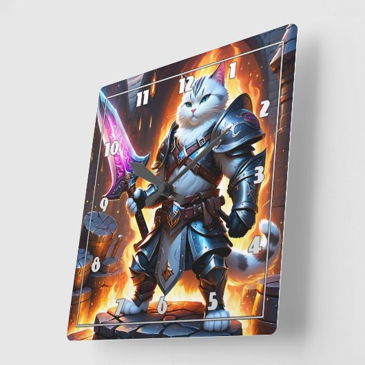 Kriegerkatze im Rüstung mit leuchtendem Schwert Quadratische Wanduhr (Winkel)