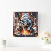 Kriegerkatze in der Rüstung Schwert bei Morgendämm Quadratische Wanduhr (Zuhause)
