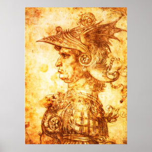 KRIEGERPROFIL IN DRACHENHELM Sepia-Zeichnung Poster
