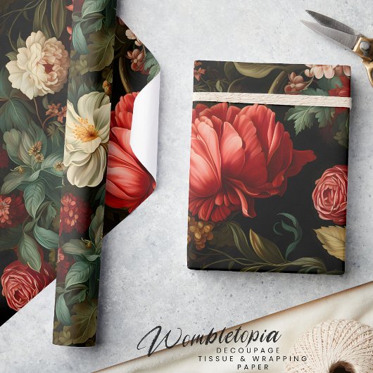 Krimson und Cream Vintage Blumendekoupage Geschenkpapier