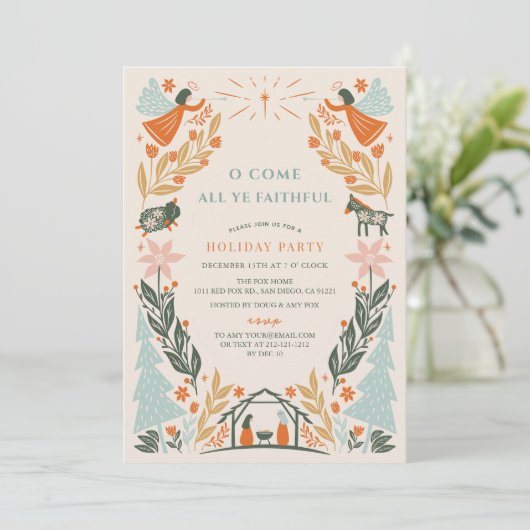 Krippe Engel Religiöse Weihnachtsfeier Einladung (Stehend Vorderseite)