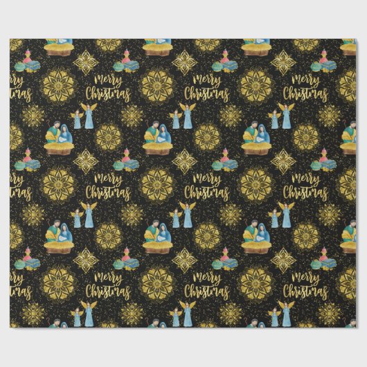 Krippe Mary Joseph Jesus Angels Golden Snowflake Geschenkpapier (Flach)