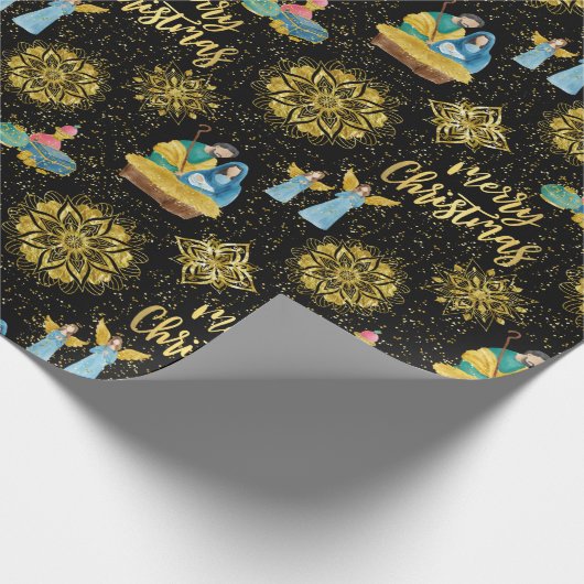 Krippe Mary Joseph Jesus Angels Golden Snowflake Geschenkpapier (Ecke)