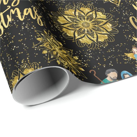 Krippe Mary Joseph Jesus Angels Golden Snowflake Geschenkpapier (Rolleneckpunkt)