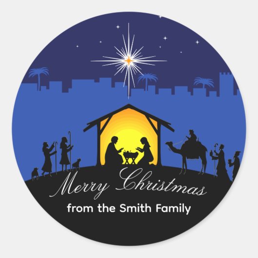 Krippe Scene Blue Star Weihnachtsaufkleber Runder Aufkleber (Vorderseite)