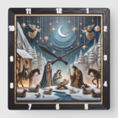 Krippe Winter Szene Angels Stars Quadratische Wanduhr (Vorderseite)