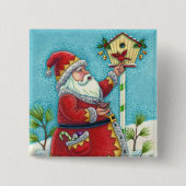 KRIS KRINGLE FÜTTERND REDBIRDS, CHRISTMAS BIRDHOUS BUTTON (Vorderseite)