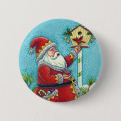 KRIS KRINGLE FÜTTERND REDBIRDS, CHRISTMAS BIRDHOUS BUTTON (Vorderseite)