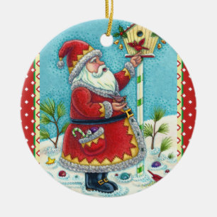 KRIS KRINGLE FÜTTERND REDBIRDS, CHRISTMAS BIRDHOUS KERAMIK ORNAMENT