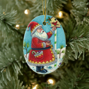 KRIS KRINGLE FÜTTERND REDBIRDS, CHRISTMAS BIRDHOUS KERAMIK ORNAMENT