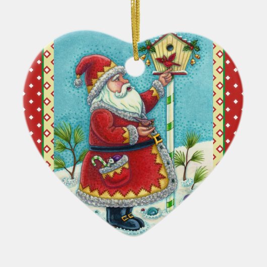 KRIS KRINGLE FÜTTERND REDBIRDS, CHRISTMAS BIRDHOUS KERAMIK ORNAMENT (Vorne)